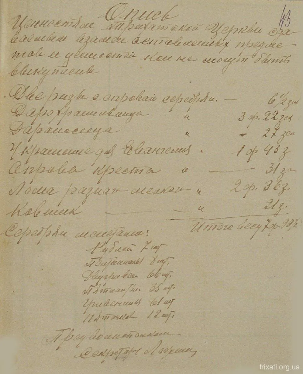 ОПИСЬ ценностей Трихатской церкви